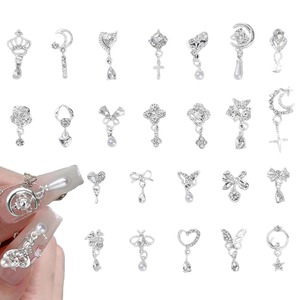 【新着特価】ネイルパーツ 24個セット ミックス ネイルアート デコパーツ リボン/蝶結び/ハート形/花 3D 立体 キラキラ シルバー ジュエリーパーツ DIY ハンドメイド