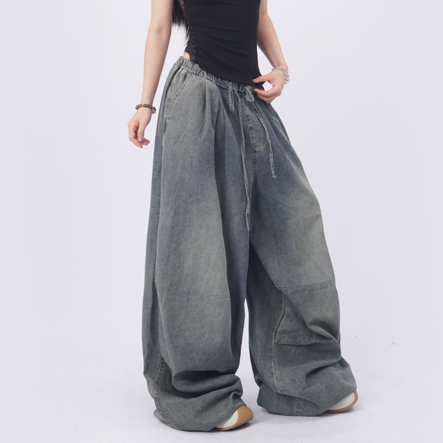 wide silhouette drawstring denim pants la3040