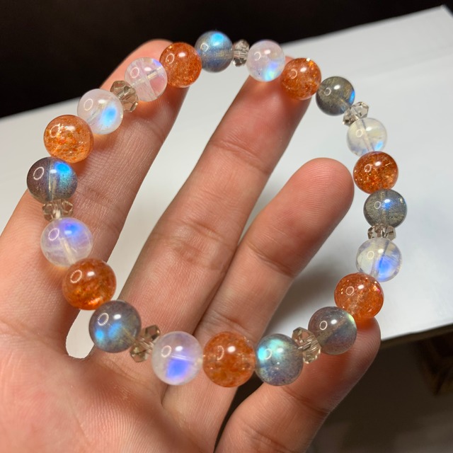 最高峰☆ホワイトラブラドライト×ラブラドライト×サンストーン☆長石ミックス☆デザインブレスレット