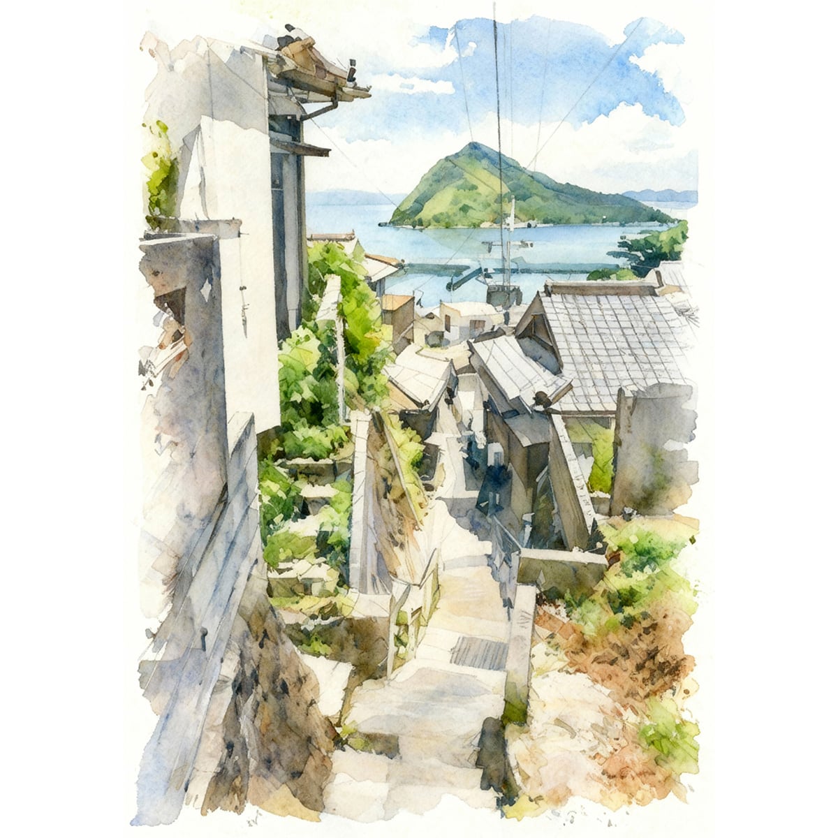 絵画 日本 広島県 尾道市 風景画 インテリアアート額付き 水彩画・油絵