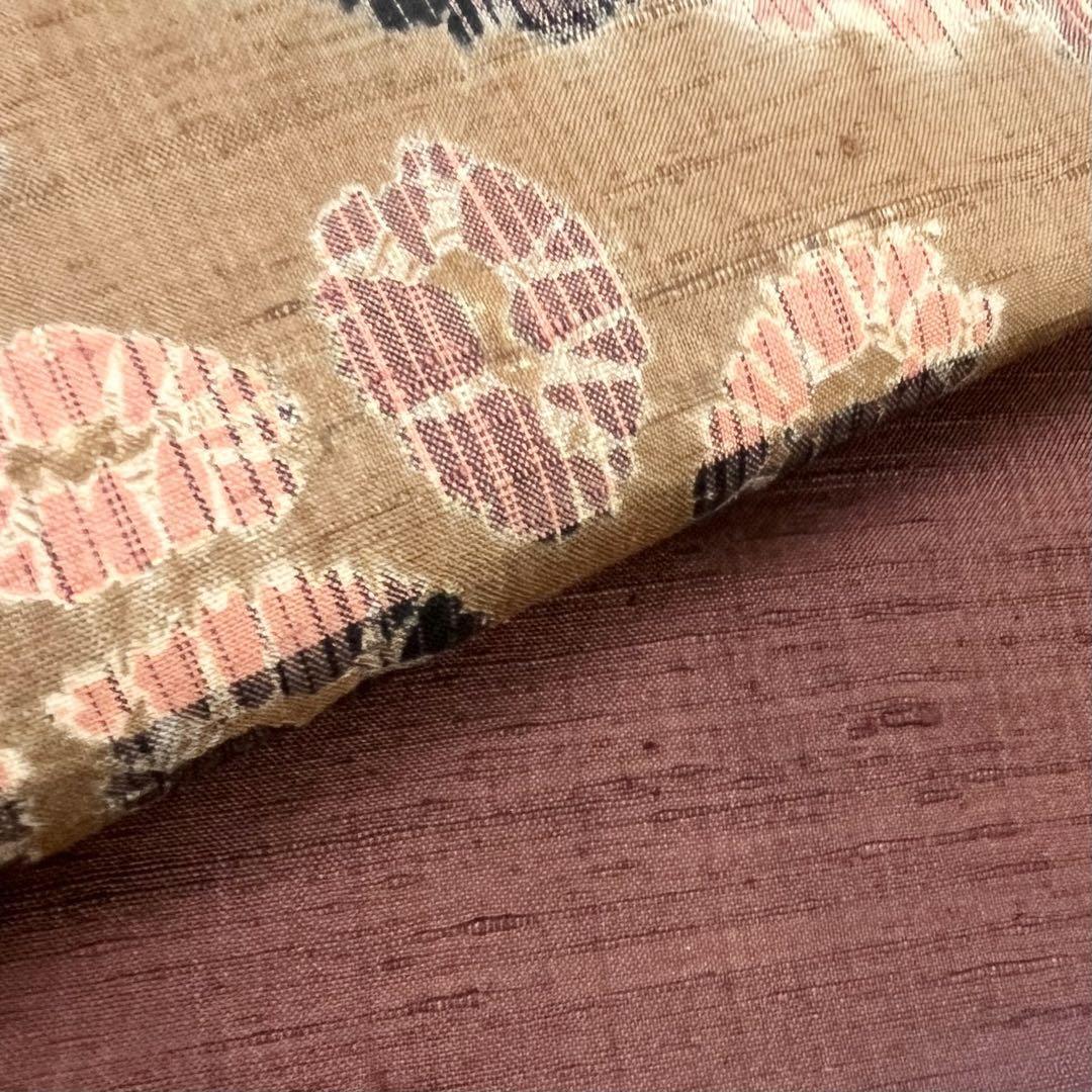 名古屋帯 絞りの花柄模様 紬 チェック柄 濃茶色 O-4118 | リユース着物  