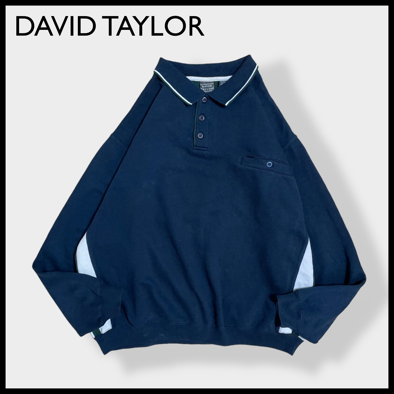 【DAVID TAYLOR】ハーフボタン デザインスウェット トレーナー プルオーバー 胸ポケット 裏起毛 ネイビー デビットテイラー US古着