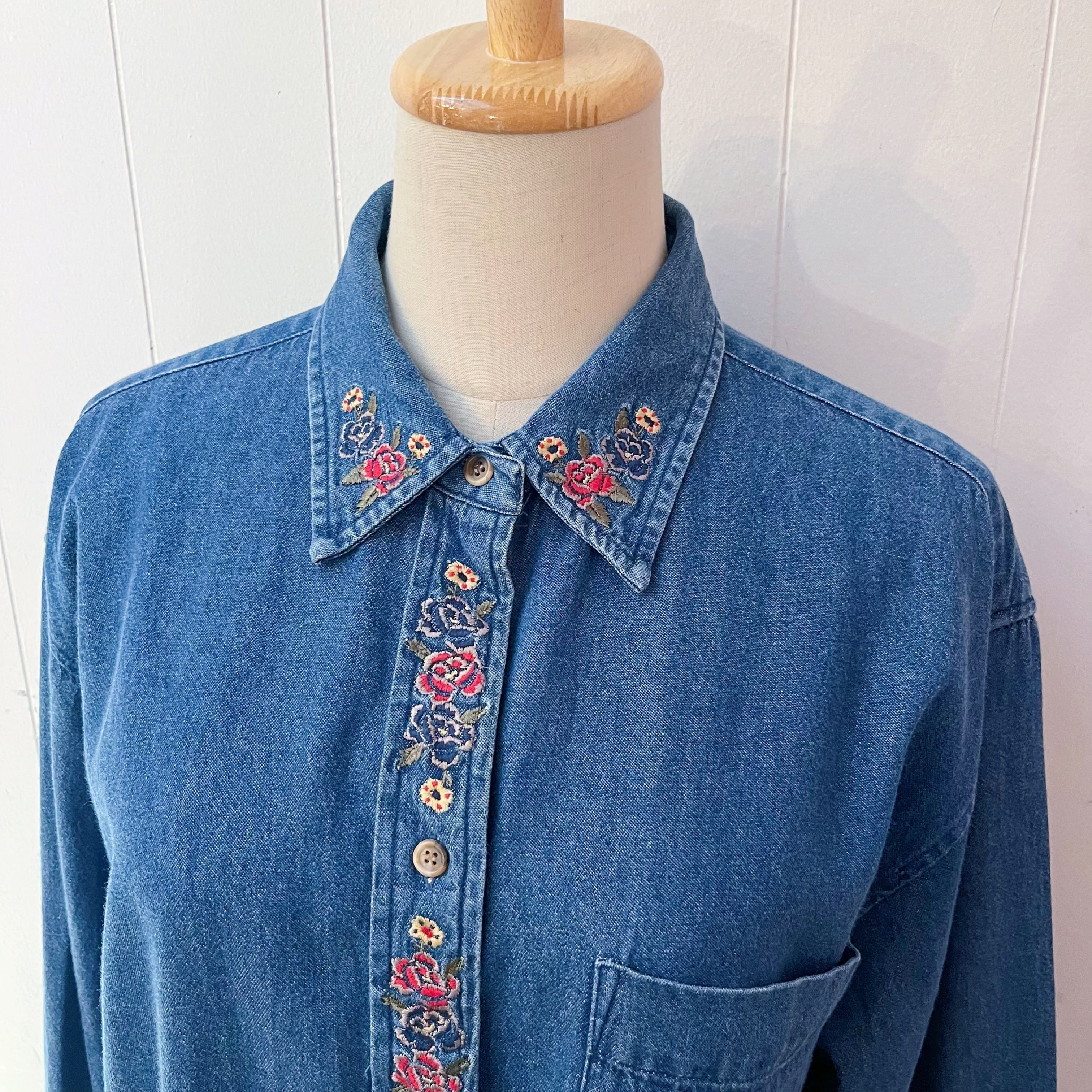 rose embroidery denim shirt