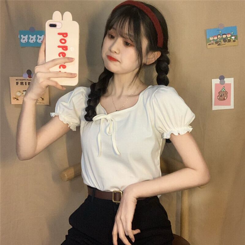 サマーリボンスリーブ半袖Tシャツ トップス ショート ハーフスリーブ 夏物 スクウェア YY-ファッション65605928560