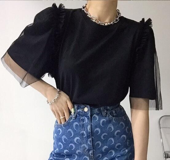 韓国風 chic トップス Tシャツ 半袖 夏ファッション レース クルーネック ドッキング