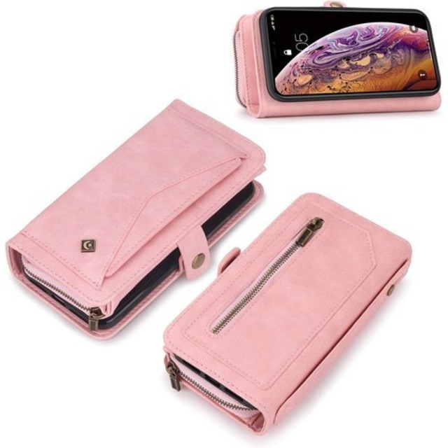 ジッパー 財布 2020モデル iPhone12 mini ケース ウォレットケース お財布 アイフォン12ミニ 5.4インチ ケース 手帳型 超多機能 ポーチ カード収納 大容量 収納力 車載 お洒落 分離式 取り外す可能 マグネット内蔵 カード入れ iPhone12mini ピンク 43