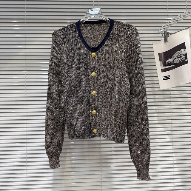 Metal button sequin mix cardigan　M4525