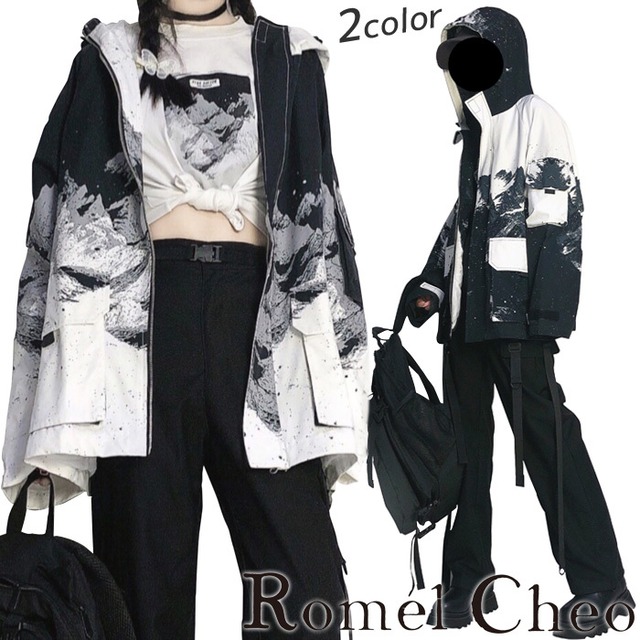 お支払い確認後日以内発送 Romelcheo 雪山柄 マウンテンパーカー マンパ オーバーサイズジャケット フーディージャケット ジャケット ボリューム袖 ドロップショルダー 長袖 アウター アウトドア 個性的 レディース モード系 ストリート 原宿系 青文字系 ファッション