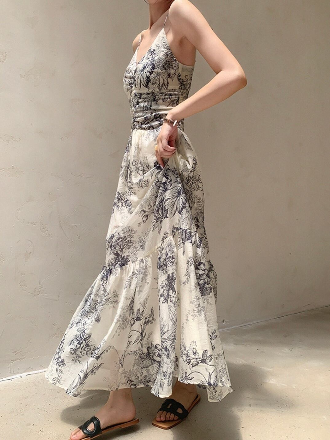 retro flower tiered camisole dress.3106