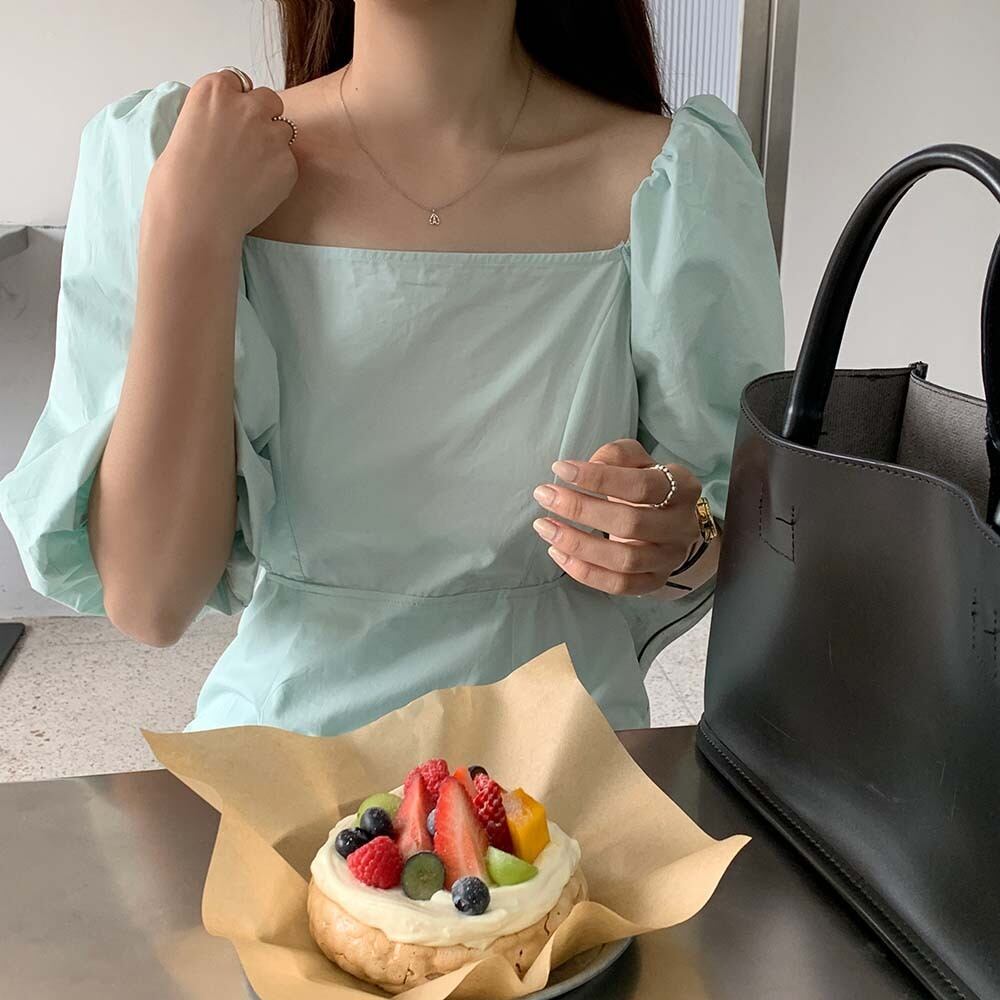 ソリッド カラードレス サマースタイルスリーブハイウェストウェストスカート ランタンスリーブ 夏物 ソリッドカラー スクウェア ビッグFスモールZ韓国49048549842