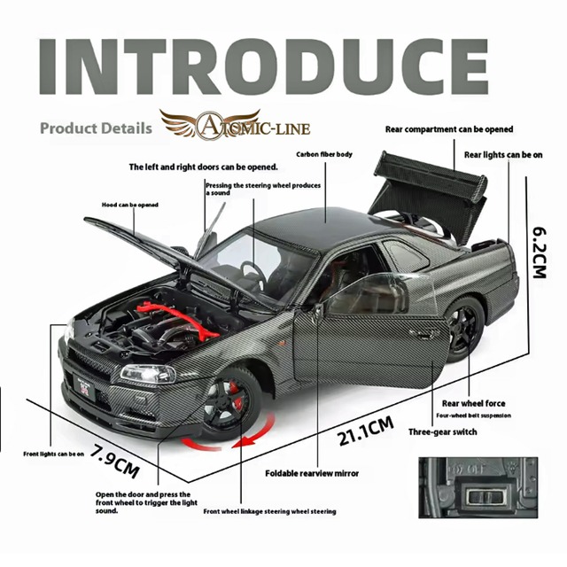 NISSAN GT-R R34 ミニカー 1/24 ライト点灯 エンジンサウンド 合金モデル 模型 ジオラマ