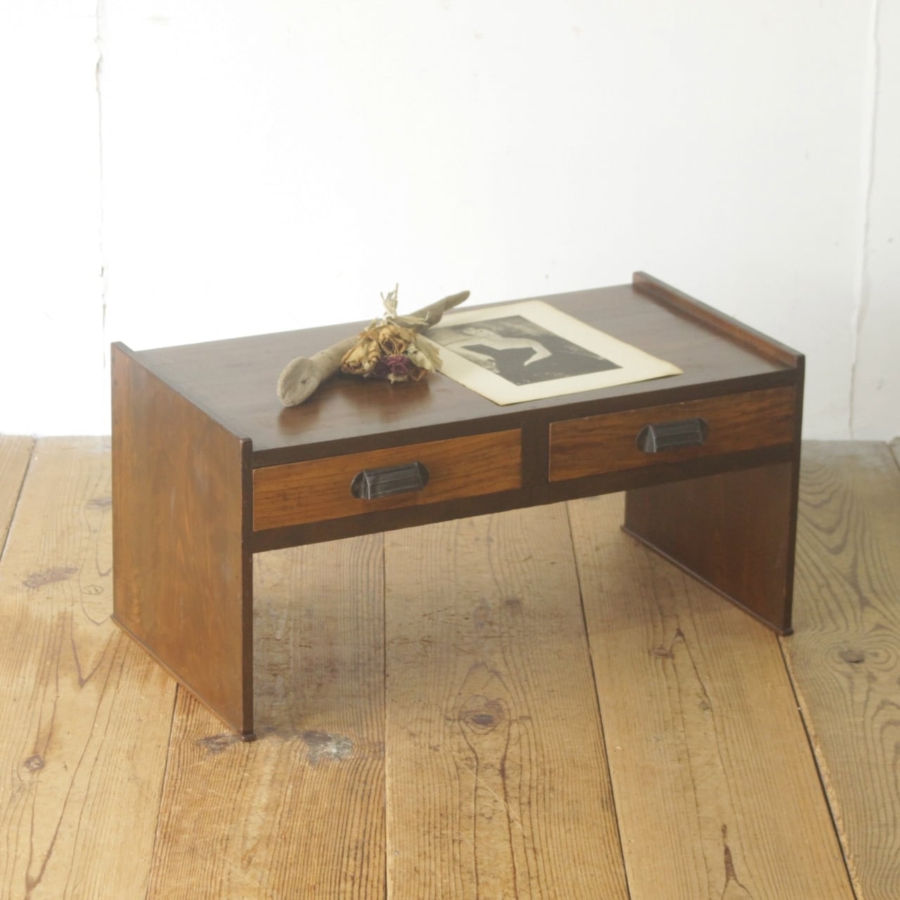 レトロ 文机 ローテーブル 座卓 無垢材 引き出し 抽斗 2杯 ヴィンテージ
