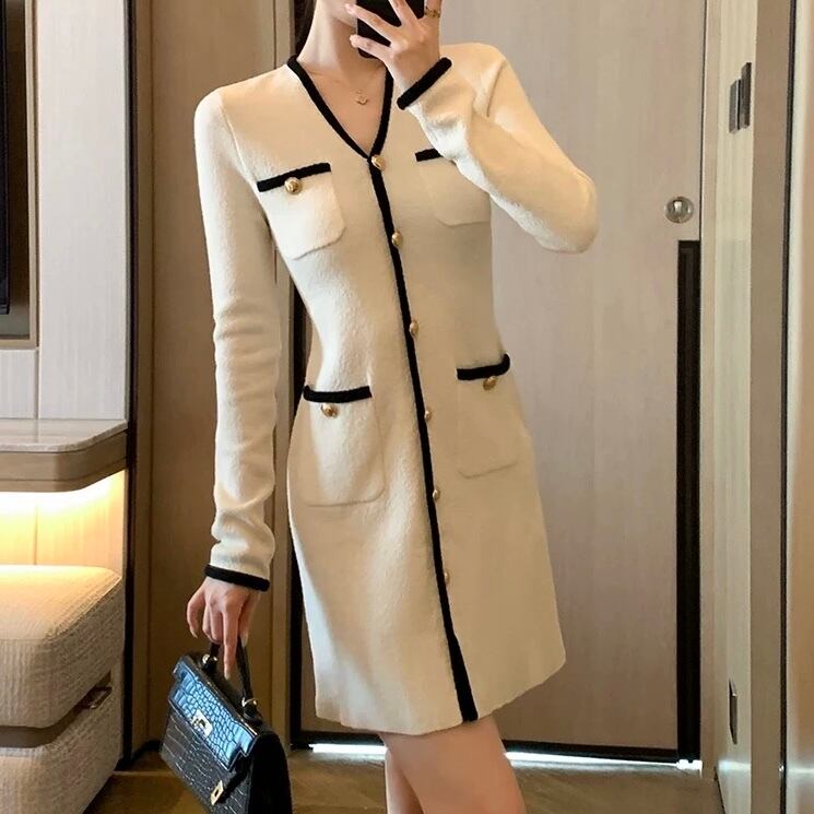 フレンチ小香風Vネックニットワンピース YH9505