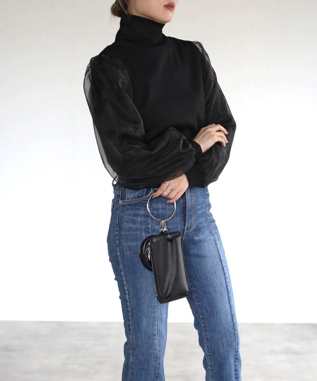 袖オーガンジーリブニットソー