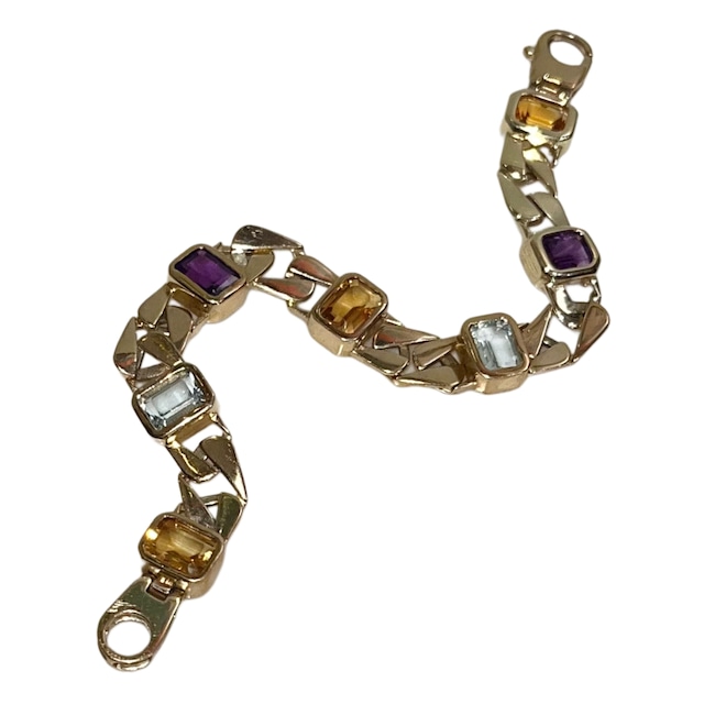 vintage 9ct gold multi color stone flat link chain bracelet