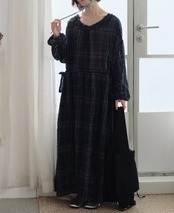 コットンリネン チェック柄Aラインロングワンピース