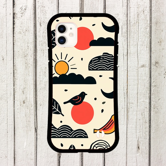 受注生産 iPhoneケース 太陽と魚の民芸記号柄｜海モチーフ FMSY018B