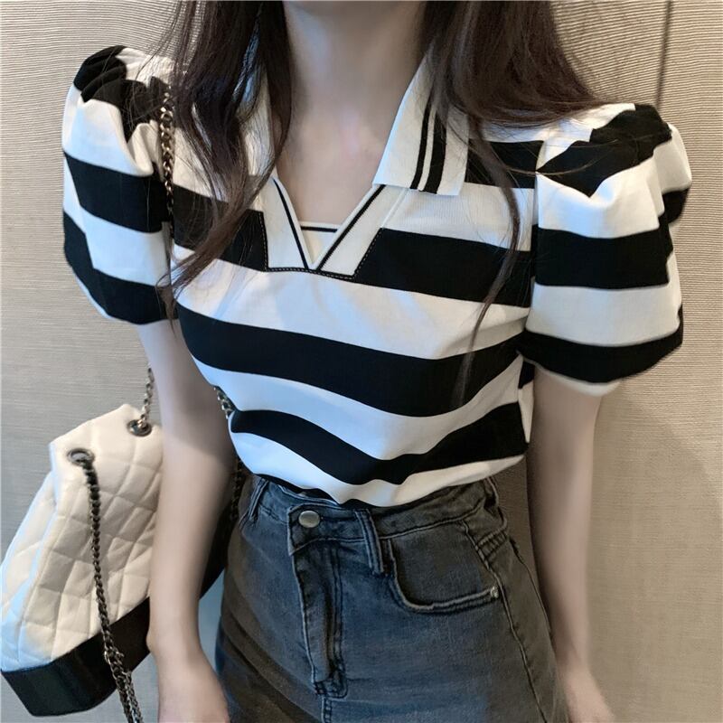 サマースタイルスリーブルーズ薄手カラーストライプTシャツ トップス 夏物 ハンチェンe3539549335