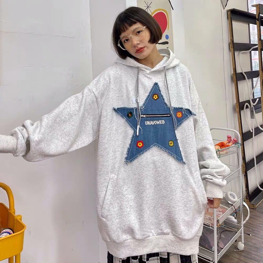 デニムブルー フード付きパーカー 星モチーフ デニムブルー フード付きパーカー 星モチーフ - メルカリ