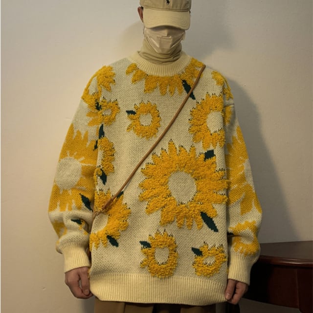 予約販売】ニット セーター オーバーサイズ ヒマワリ柄 花柄
