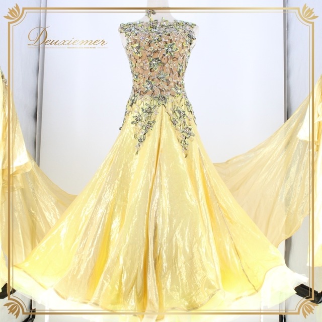 社交ダンス 衣装 エダスー edda hsu スタンダードドレス スタンダード ドレス ワンピース 黄色 フロート ゴールド 金 デモ 競技 ダンス パーティ イエロー系 エレガント 高品質 競技用 おしゃれ 可愛い シンプル フィット感 イベント用 フェスティバル