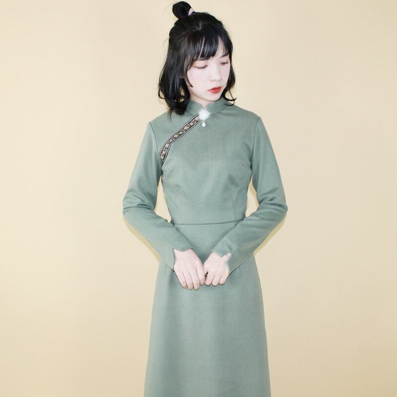 チャイナ風ワンピース 改良唐装 改良漢服 チャイナ風服 中華服 改良型チャイナドレス 普段着 女子会 同窓会 二次会 普段着 S M L 民国風 ライトグリーン 緑 スリム 民族風 Elegant