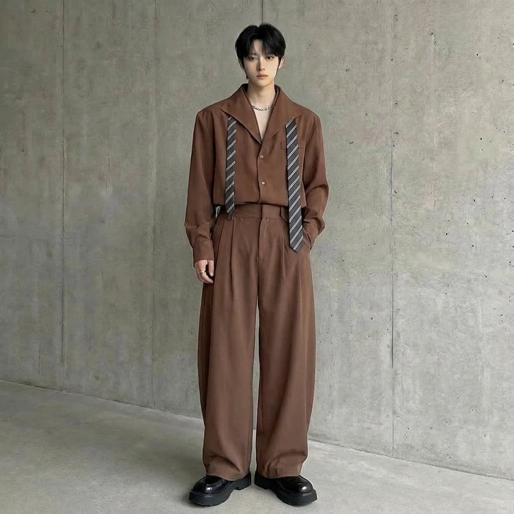 ダブルカラーフェイクツーピースデザインシャツ&レトロスーツパンツ 2カラー D11905