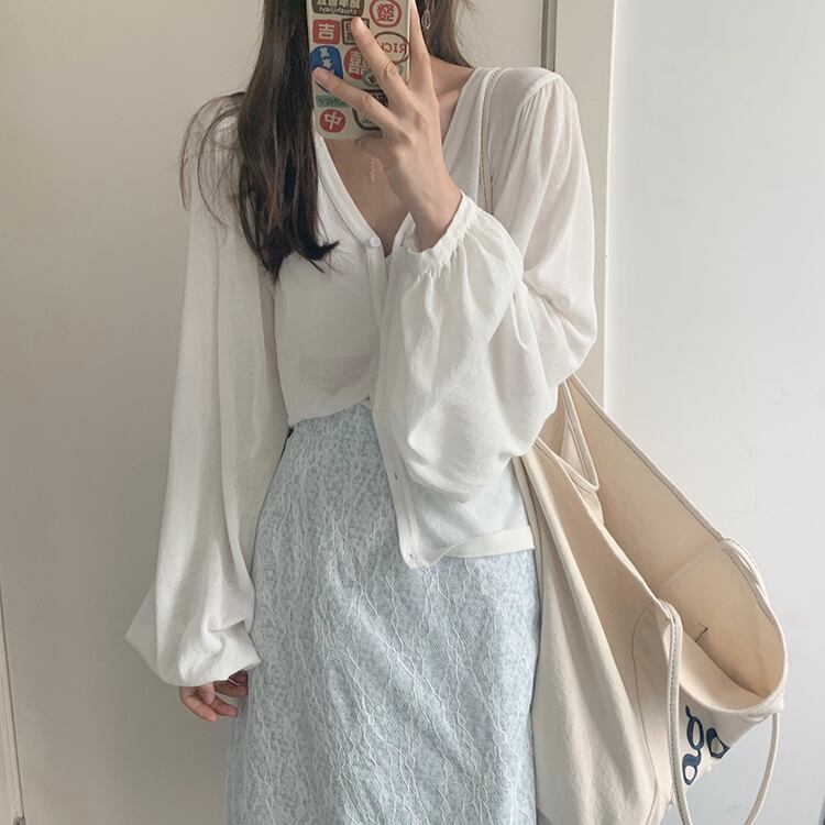 スリーブ薄手シャツ サマーソリッド カラールーズ長袖カーディガンジャケット ロング ランタンスリーブ 夏物 ソリッドカラー ビッグFスモールZ韓国25932239567