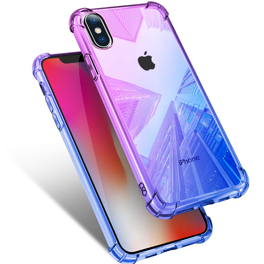 iPhone XS 用 ケース iPhone X 用 ケース クリア 耐衝撃 薄型 グラデーション 透明 TPUバンパー 薄型 軽量 取り出し易い 全面保護 カバー 光学メッキ加工 おしゃれ 擦り傷防止 指紋防止 ストラップホール付き スリム 紫/ブルー MJJ-1044-42-5