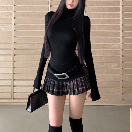 【3点セット】ハイネックスリットトップス＋チェックプリーツスカート＋ベルト ・74289