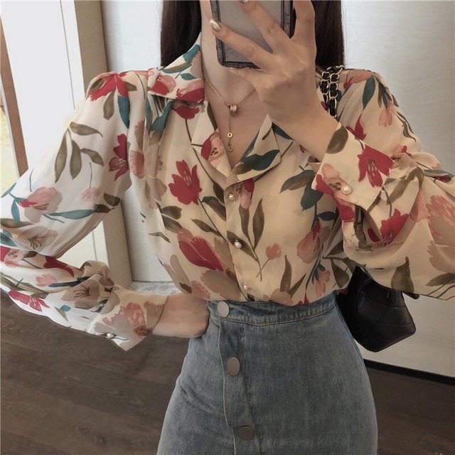 【MumuIns 】 春新作、2色デザイン花柄レトロシャツ　A0531