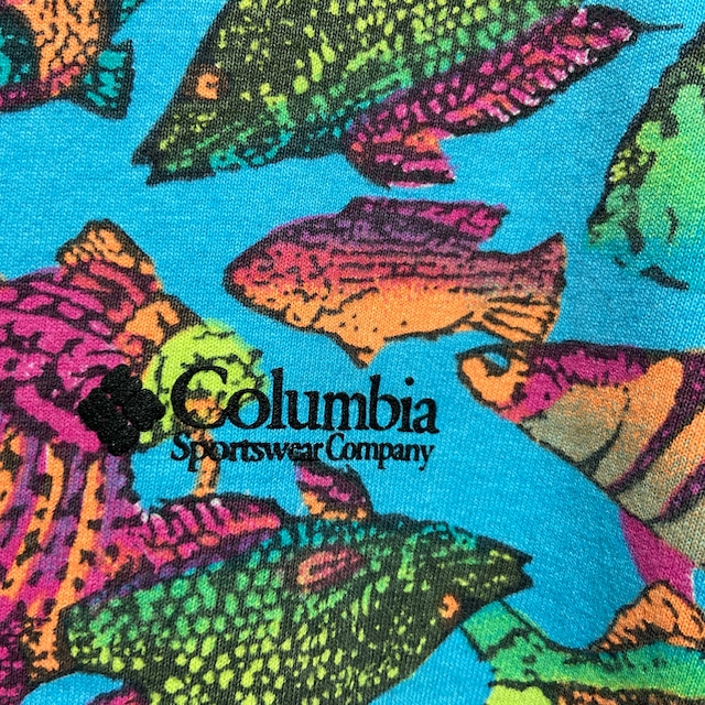 『送料無料』レア　80s Columbia フィッシュ総柄Tシャツ　三角タグ　USA製　魚柄