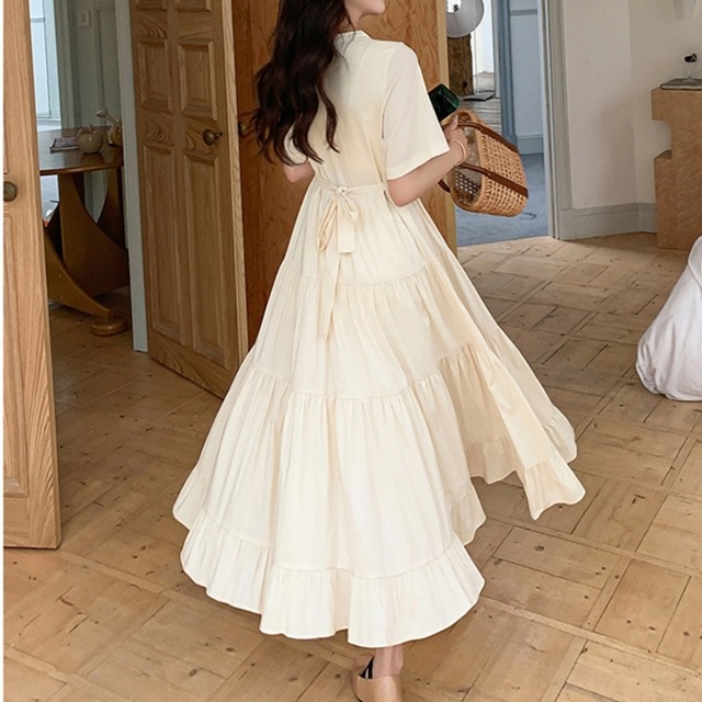 フロントボタンバックリボンティアードワンピース　12306