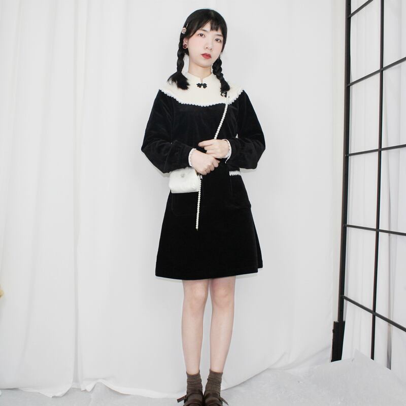 伊甸シリーズ チャイナ風ワンピース パンダ模様 黒白 可愛い 改良型チャイナドレス ゆったり Elegant