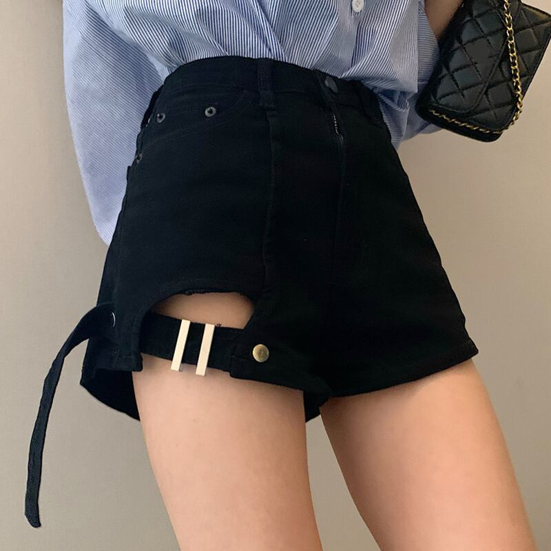 ハイウェストジーンズ スプリングルーズパンツ ブラックショーツ 春物 ブルマー スーパーモール14019902634