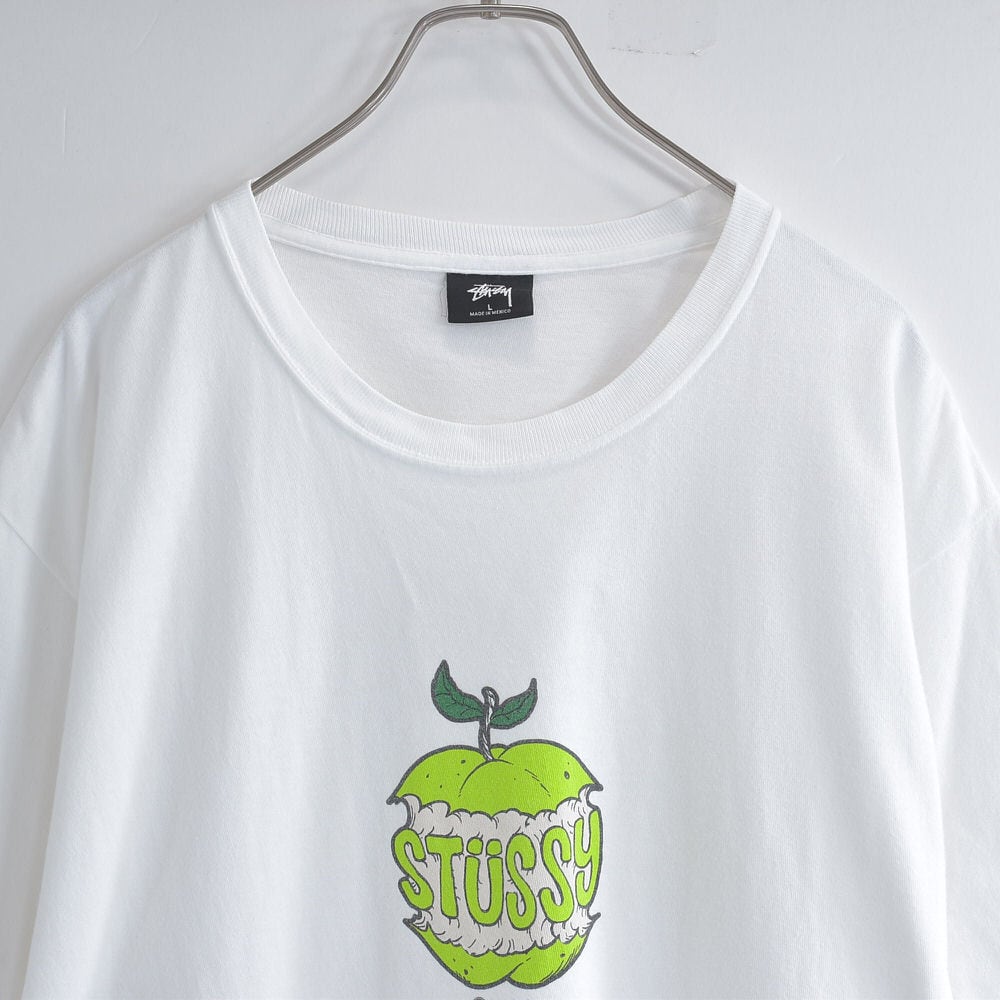 STUSSY ステューシー アップル デザイン Tシャツ 青リンゴ 果物 フルーツ 半袖 スケーター ストリート SSリンク USA アメリカ古着 メンズLサイズ