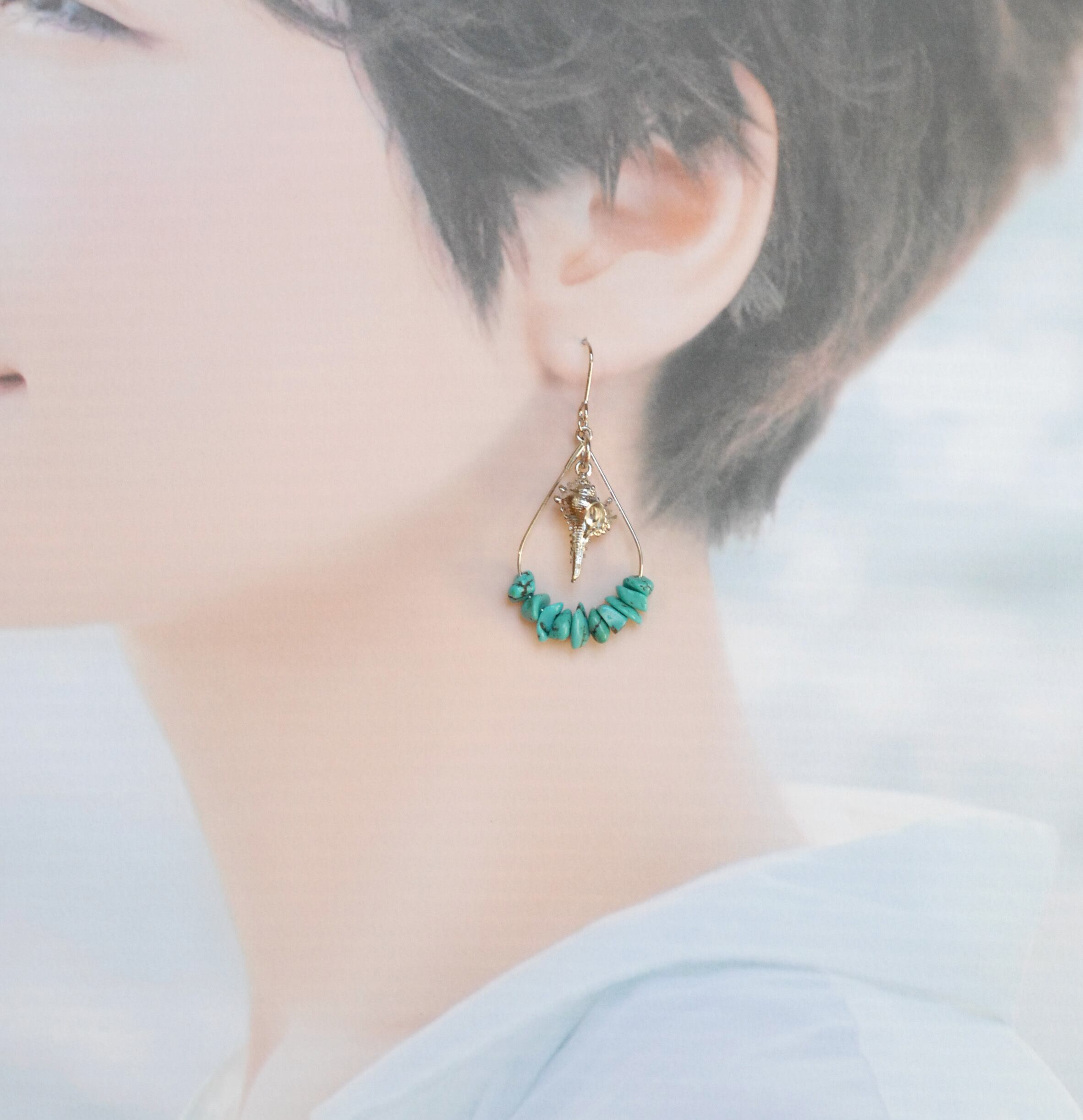 天然石ターコイズ〜貝殻の夏ピアス | 天然石アクセサリー☆るなたま☆