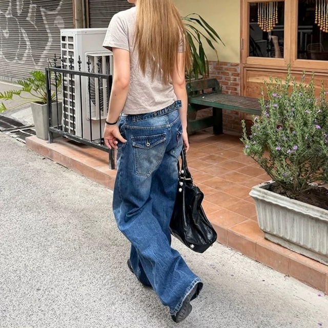 アシメウエストユーズドライクフレアラインデニムパンツ 1col R02451