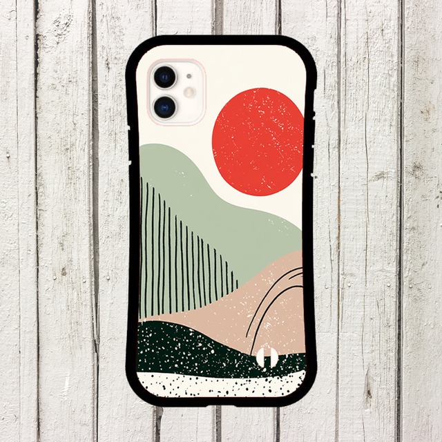 受注生産 iPhoneケース 赤い太陽と丘のレトロ抽象｜風景風抽象 CURV023A