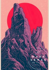 Crimson Peak Flow｜赤い太陽と抽象山岳が描くモダンアートポスター｜有機的ラインが印象的な現代風景画｜A3ポスター