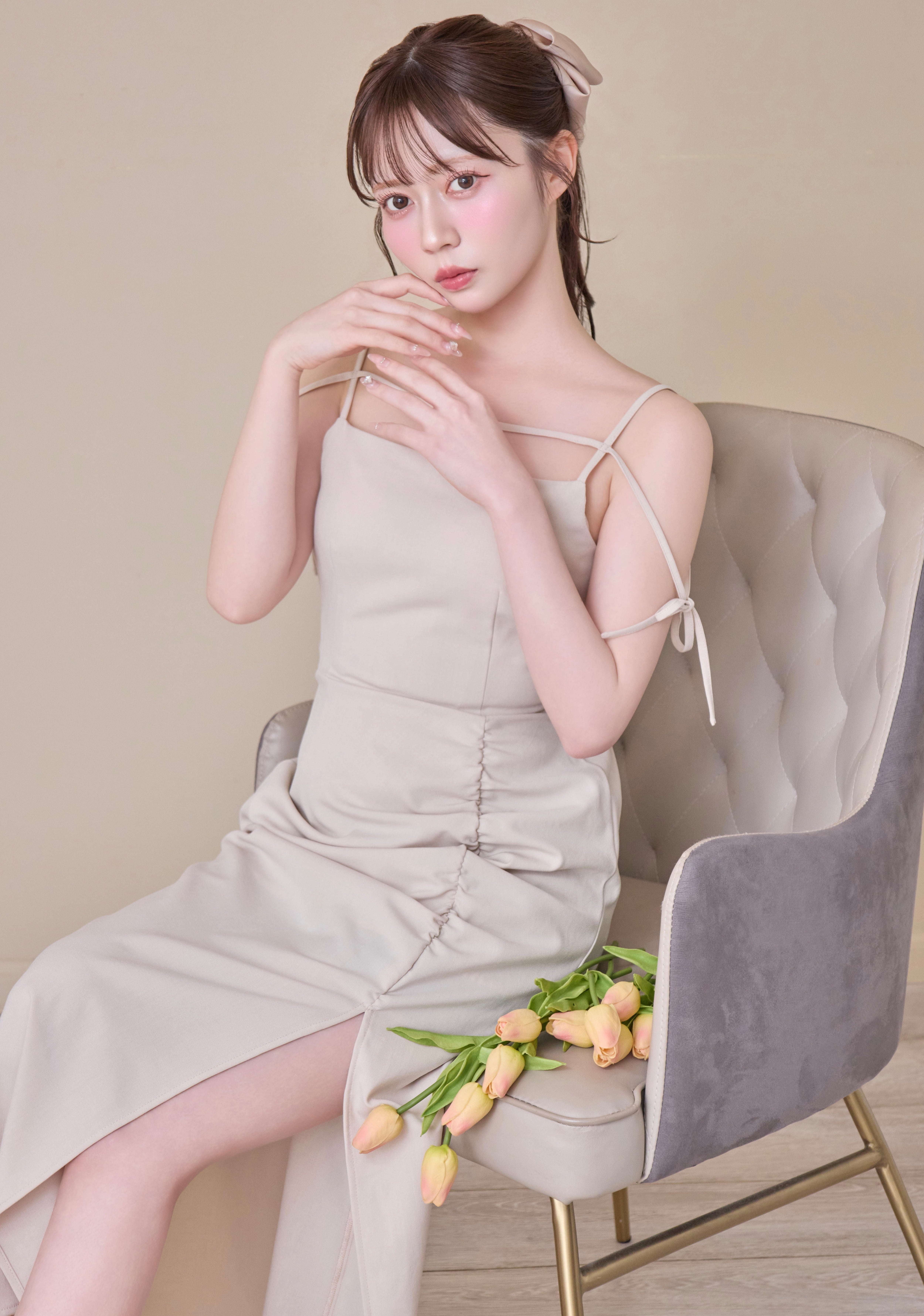 ribbon gather slit long onepiece(ivory) | Désir et Raison