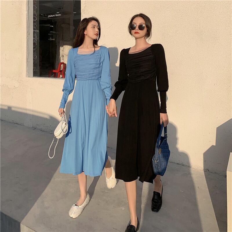 スプリングスタイルロングメッシュドレス カラースリムスカート 春物 スクウェア ステッチ YY-ファッション63239885992