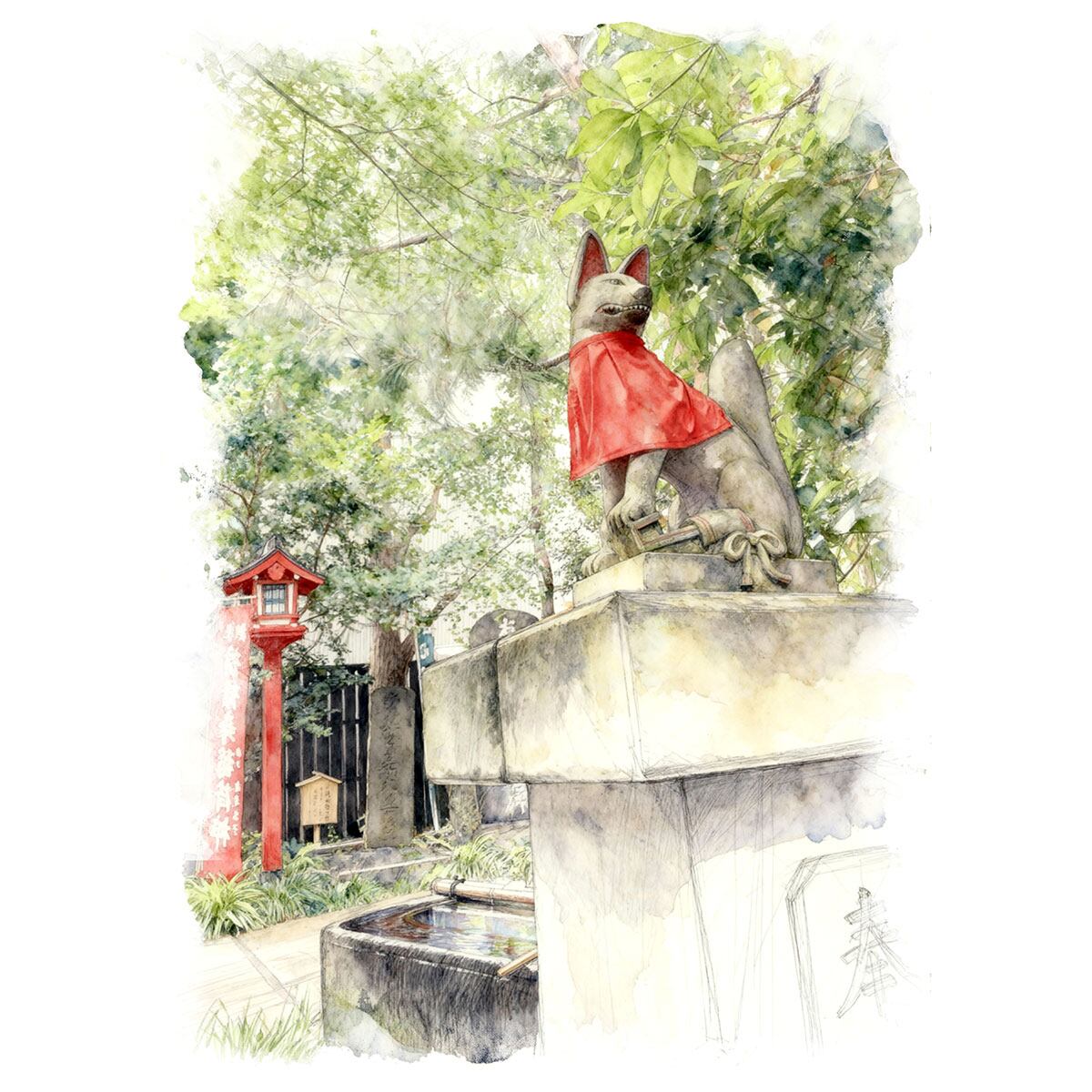 絵画 日本 東京都 於岩稲荷 陽運寺 風景画 インテリアアート額付き 水彩画・油絵風 WAT0143