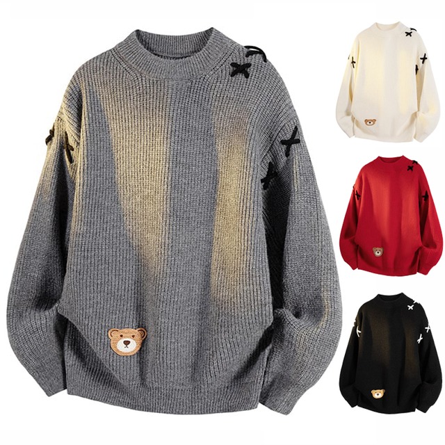 ❆可愛い熊セーター!【WSシリーズ】★セーター★ 4color ニットトップス 男女兼用 メンズ 赤 黒 灰