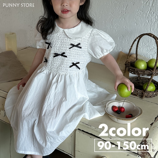 《取寄》 モノクロリボンギャザーワンピース （全２色） Bobi 2024夏 韓国子供服 ワンピ リボン パフスリーブ ドール 女の子