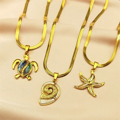 ペンダント ネックレス  動物 アニマル ステンレス フィッシュ ゴールド チェーン アワビ シェル 魚 星 レディース