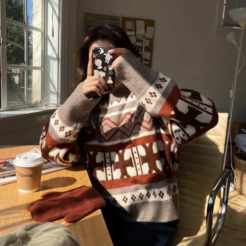 ジャカードセーター ルーズラウンドネックパターンプルオーバー ニットトップス レディース Oネック ビッグFスモールZ韓国37045485087