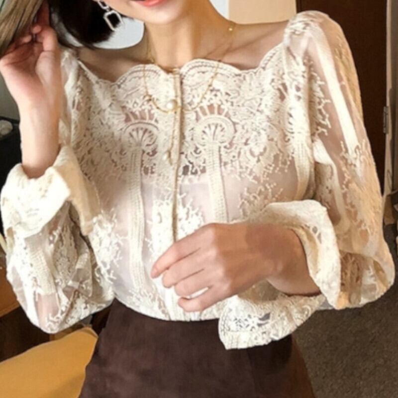 トップス ブラウス 長袖 スクエアネック オフショルダー レース 刺繍