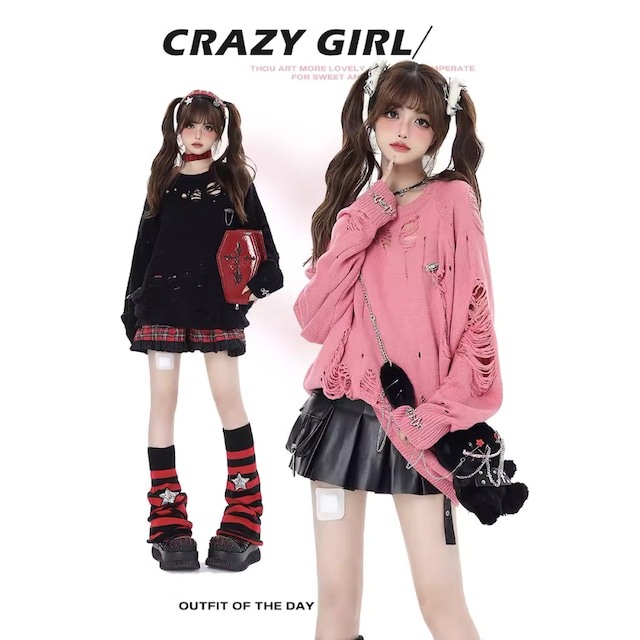 With U ゴスロリ系 CRAZYGIRL ニット セーター クラッシュ ダメージ  JKファッション 原宿ファッション 病み可愛い 地雷系 量産型