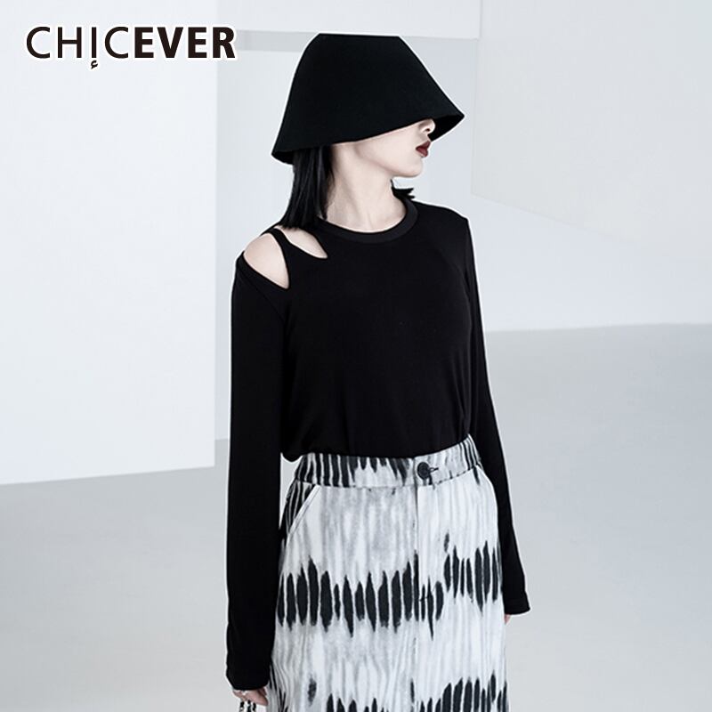 CHICEVERストリートウェアTシャツレディースOネック長袖穴中空アウトルーズTシャツ2020秋 ロング オータム 秋物 6base524073477848